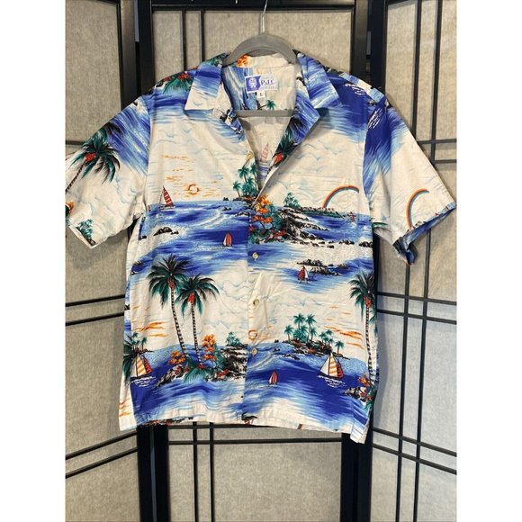 RJC LTD Hawaiian Button Down Collared Shirt Size L Palm Trees Sailboats Made USA - Picture 1 of 13
